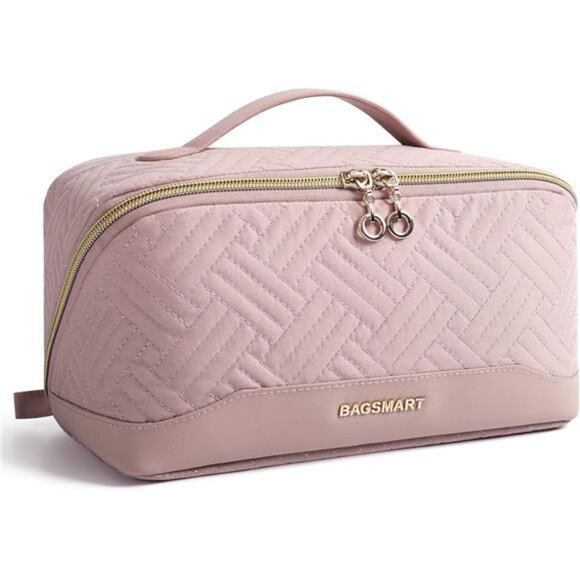 Travel Makeup Bag – Water-Resistant, Flat Open Organizer, Pink - Picture 1 of 7